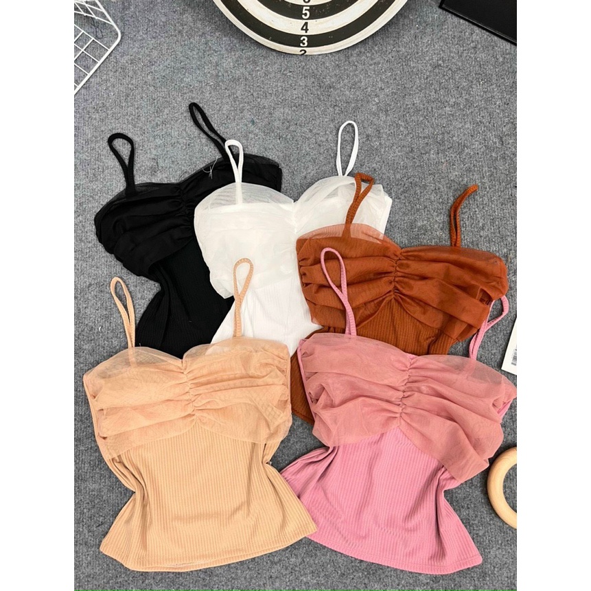 Áo nữ 2 dây thun gân phối voan nhúm ngực hot