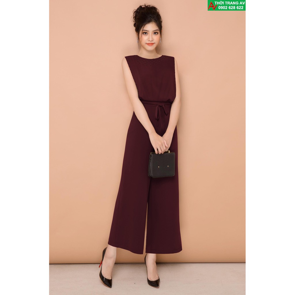 Jumpsuit - Đồ bay dài ống suông rộng thắt nơ đính hột đầy sang trọng - AV6231