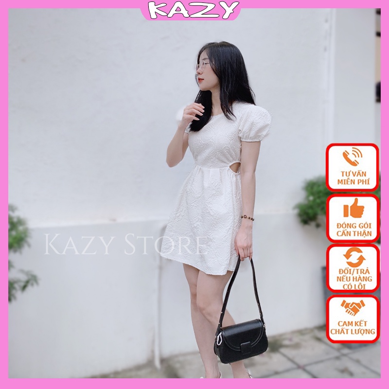 Váy cổ vuông khoét eo, Váy trắng tiểu thư chất Xốp Hoa KAZY STORE V5