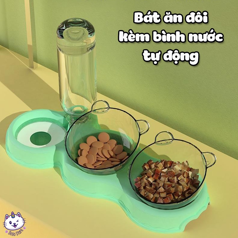 Bát ăn cho mèo Diniopet bát ăn cho chó mèo đôi gắn bình nước tự động, Bát ăn đôi cho chó mèo, Bát kèm bình nước
