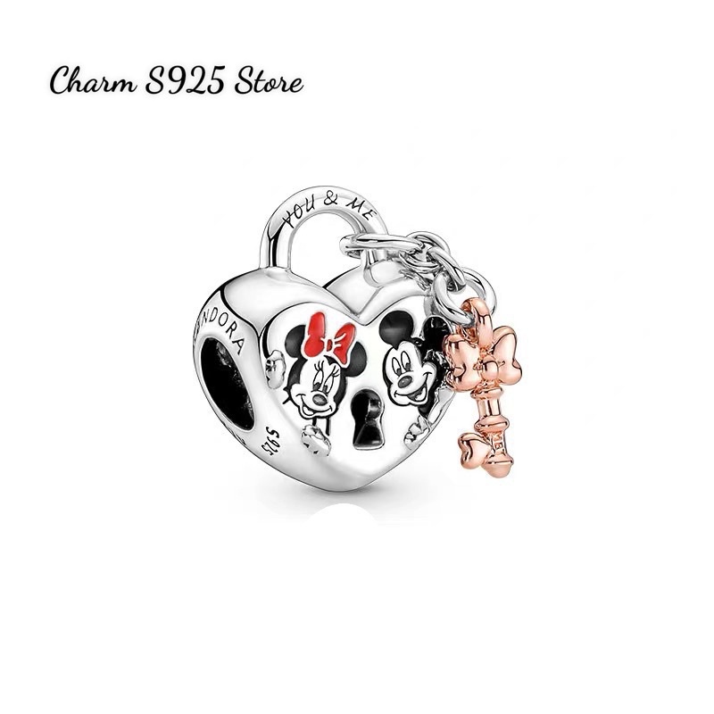 CHARM PAN ALE Ổ KHOÁ IN HOẠ TIẾT MICKEY VÀ CHÌA KHOÁ BẠC S925 HÀNG CAO CẤP