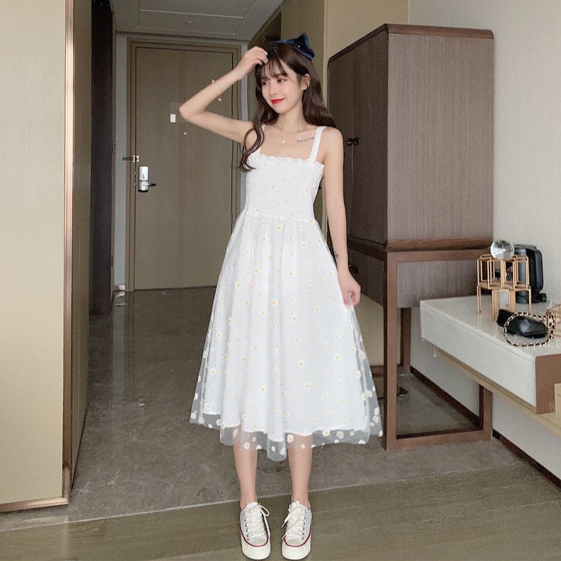 Xiaozhainv Đầm hai dây phối lưới họa tiết hoa xinh xắn thời trang | BigBuy360 - bigbuy360.vn