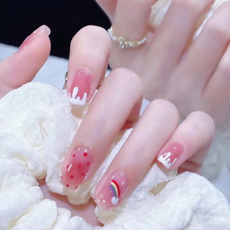 Móng tay giả màu hồng trong họa tiết cầu vồng (bộ 24 móng) 💖 SẴN KEO DÁN 💖