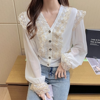 Áo Kiểu Tay Dài Cổ Chữ V Phối Ren Thời Trang Mùa Thu Thanh Lịch Cho Nữ