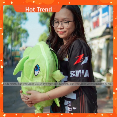 Balo đi học hình khủng long bằng vải nhung màu xanh dạ quang siêu cute cho pé - Balo khủng long