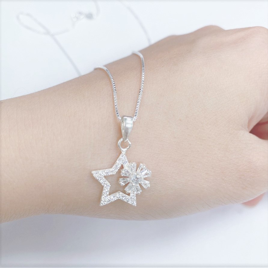 Dây chuyền bạc nữ mặt ngôi sao đính hoa đá, vòng cổ chất liệu bạc ta sang trọng nữ tính