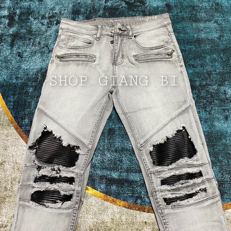 Quần jean bạc vá da nhăn phối khoá zip,quần bò màu bạc vá da nhăn phối khoá