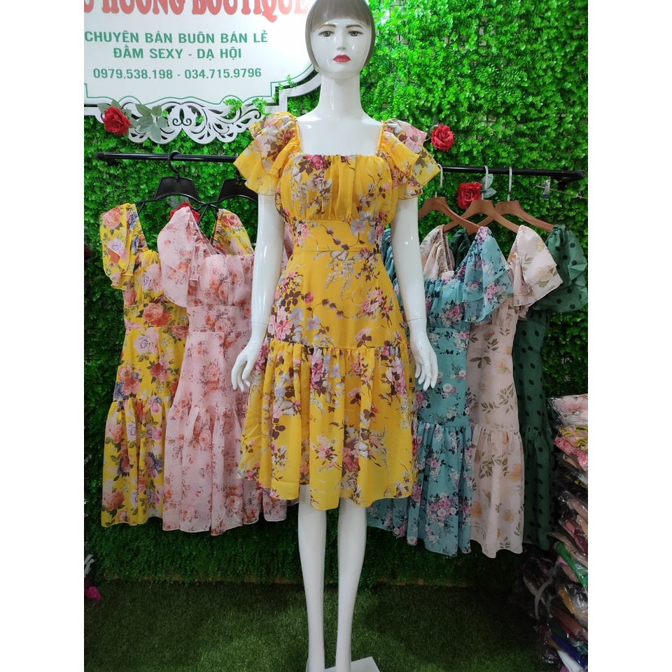 Đầm voan hoa tay cánh tiên xoè 2 tầng, Đầm đi biển đẹp.