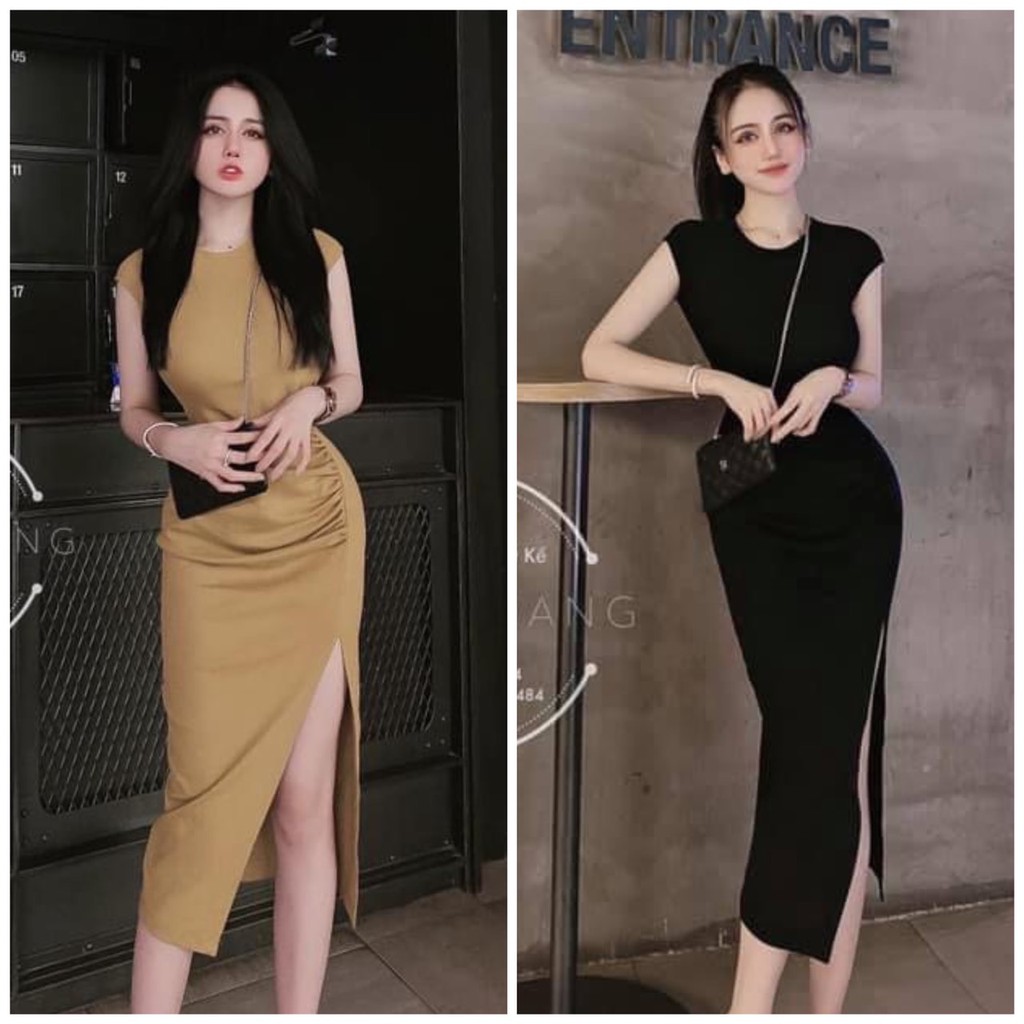 Đầm Body Cổ Tròn Tay Ngắn Nhún Sườn Xẻ Đùi Chất Thun Borip Thích Hợp Mặc Đi Tiệc Đi Làm Đi Chơi