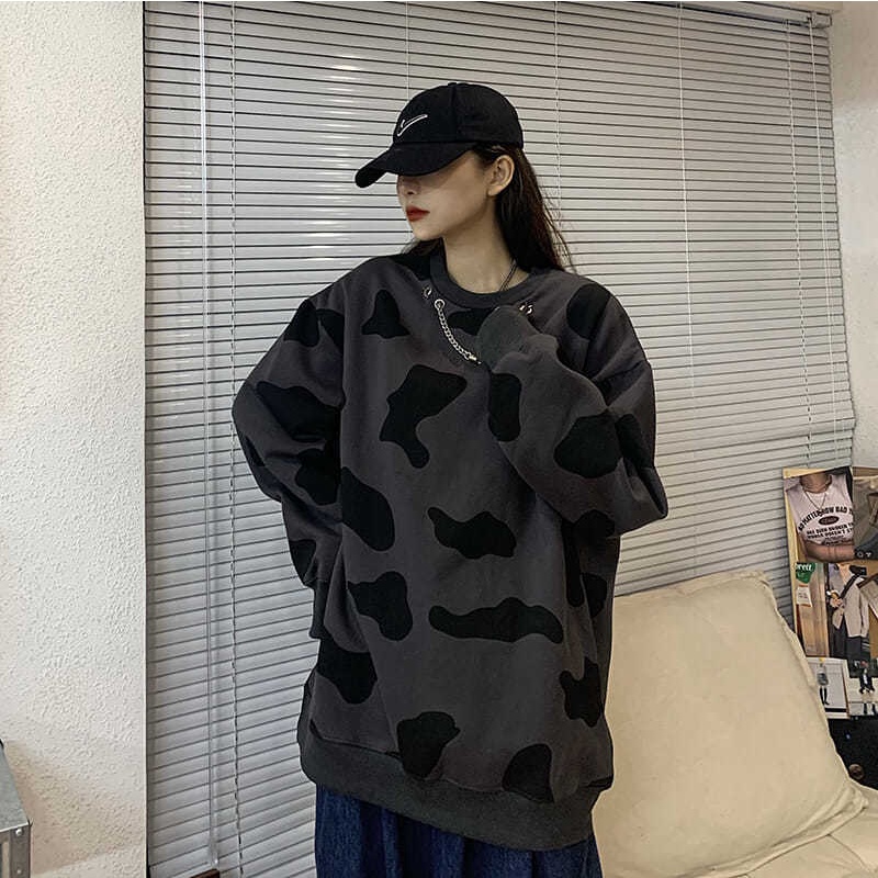 COZOK Áo Sweater Tay Dài Cổ Tròn Dáng Rộng Phong Cách Thời Trang Hàn Quốc