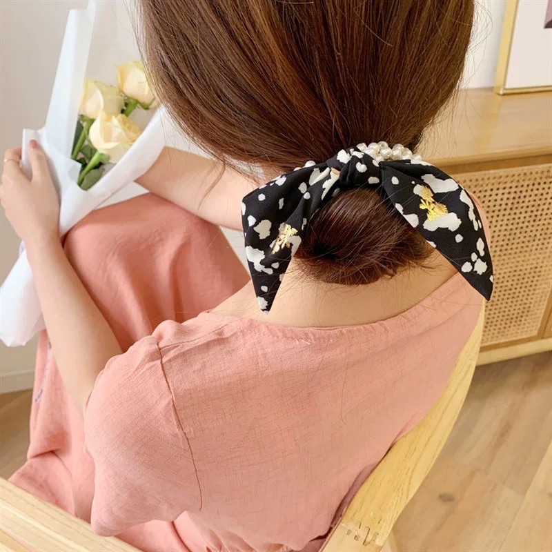 Dây buộc tóc nơ ngọc Hàn Quốc, ruy băng phụ kiện tóc