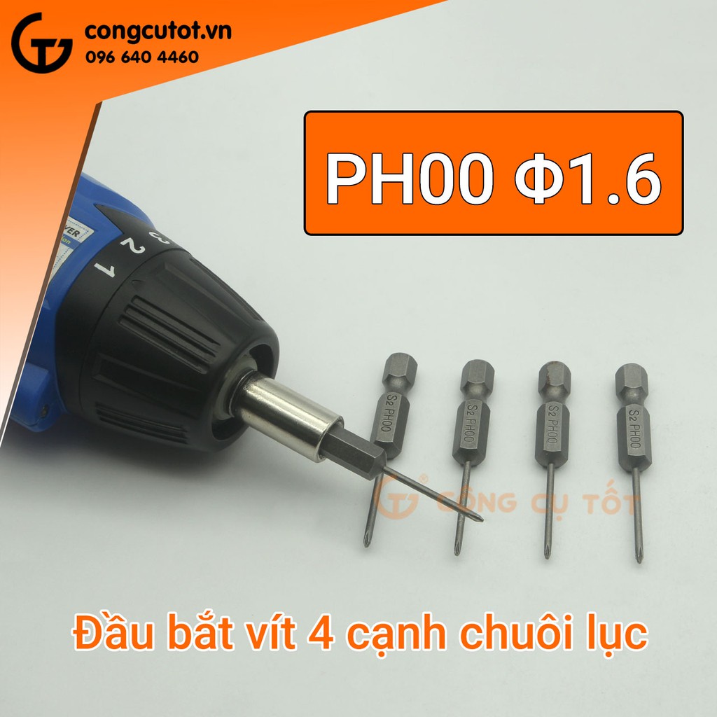 Đầu bắt vít 4 cạnh PH00 Φ1.6 dài 50mm chuôi lục