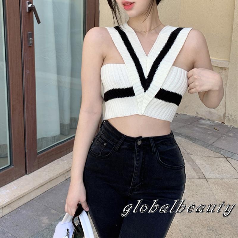 Áo Croptop Dệt Kim Hai Dây Cổ Chữ V Màu Sắc Tương Phản Thời Trang Mùa Hè Dành Cho Nữ