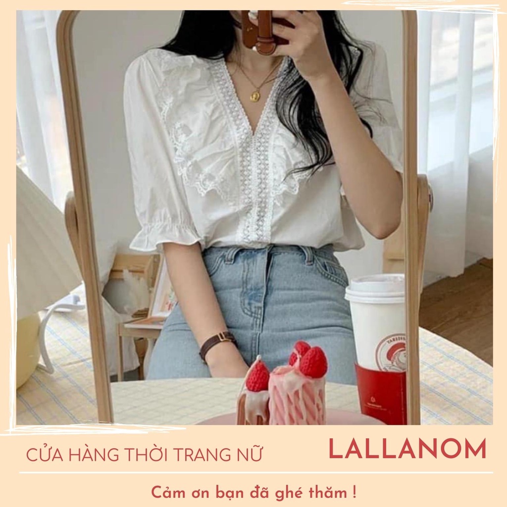 Áo sơ mi cách điệu cổ V ren ngực cộc tay - Áo sơ mi Hàn Quốc cổ viền bèo ngực