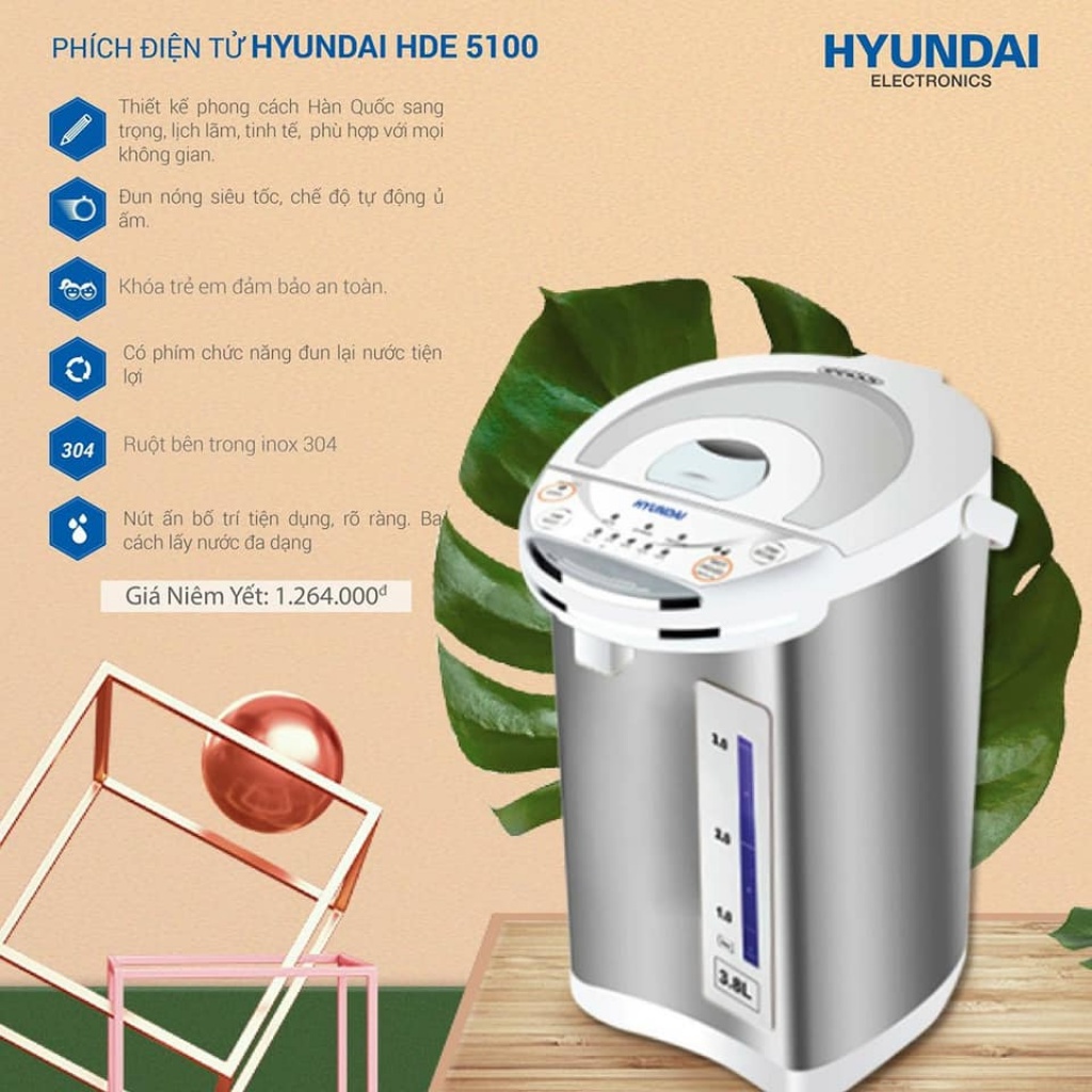 Phích Điện Tử Giữ Nhiệt HYUNDAI HDE 5100 Dung Tích 3.8L, Công Suất 800W - Chính Hãng Bảo hành 12 tháng