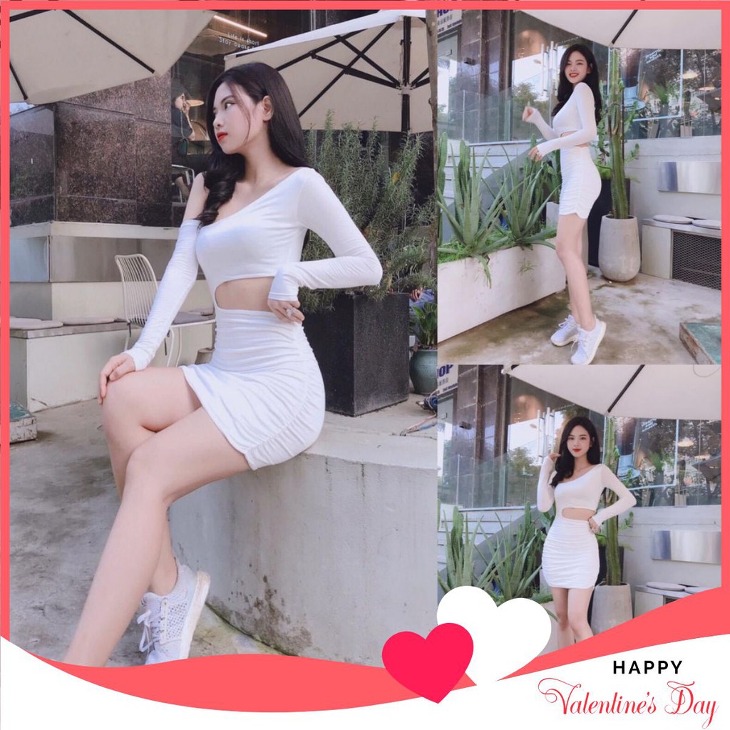 [Ken93] Đầm body trắng 💗 Đẹp DVC ❤️ Đầm body ôm xẻ eo lệch vai V1614 Freesize 54kg trở về