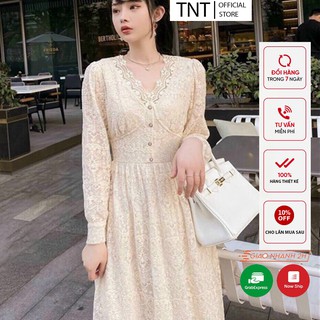 váy ren thiết kế dài tay, đầm ren xòe cổ V tiểu thư sang chảnh kèm ảnh thật và video chuẩn VRS012192