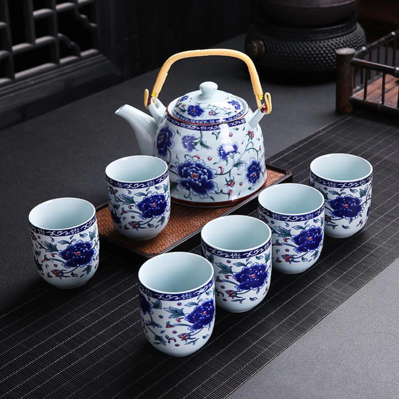 Bộ Ấm Trà Hội Làng - Bình To - Đáy Bằng - Chén Men Xuyên Sáng - Hoa Xanh