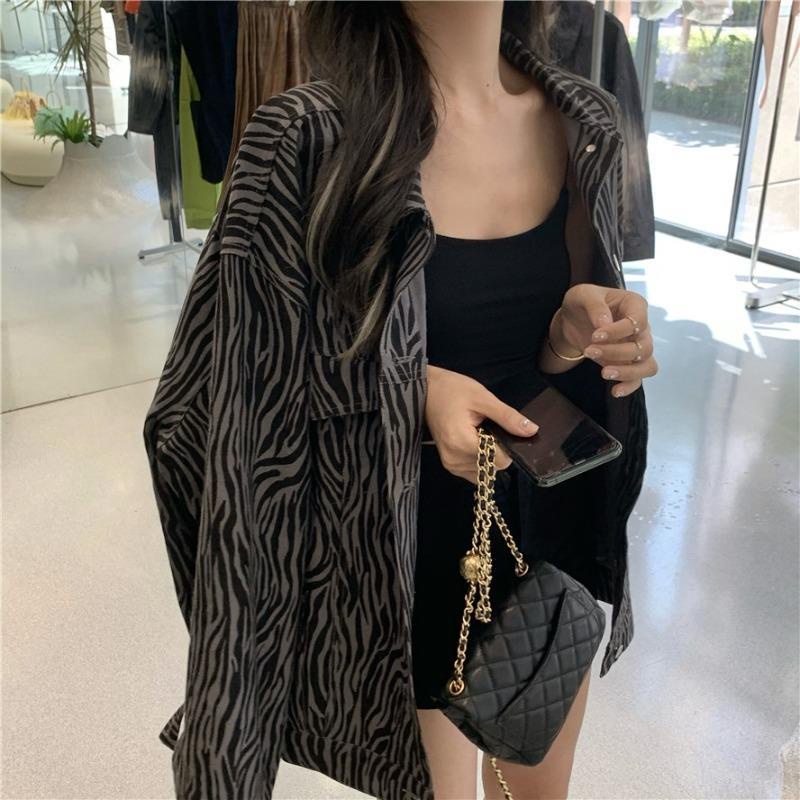 Jiashucheng Áo Khoác Denim Dáng Rộng In Họa Tiết Ngựa Vằn Phong Cách Hàn Quốc Thời Trang Xuân Thu Mới Cho Nữ