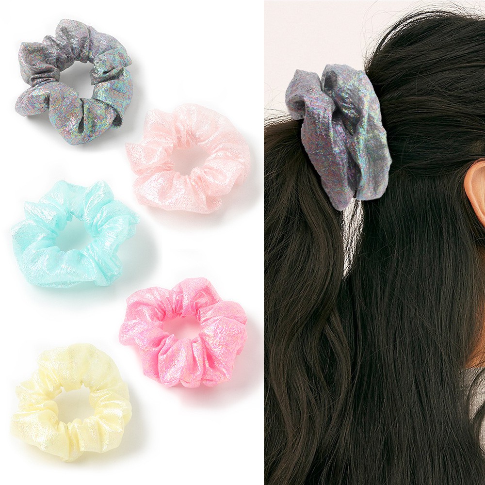 Scrunchies Dây Cột Tóc Vải Chất Giả Xà Cừ Nhám Ánh Hologram 2in1 Vòng Đeo Tay