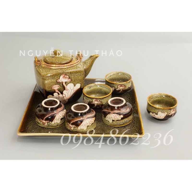 Bộ ấm chén men hoả biến dáng ấm vuông Bát Tràng - Bộ trà cao cấp