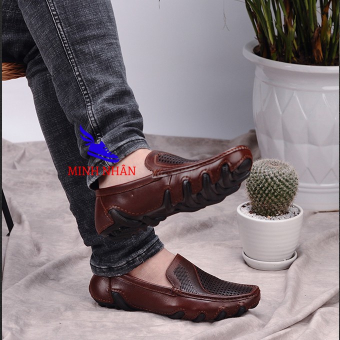 Giày rọ nam da bò cao cấp đẹp mẫu mới nguyên tấm Slipons đế khâu mùa hè đục lỗ thoáng khí Men’s Summer Shoes H-8 màu nâu