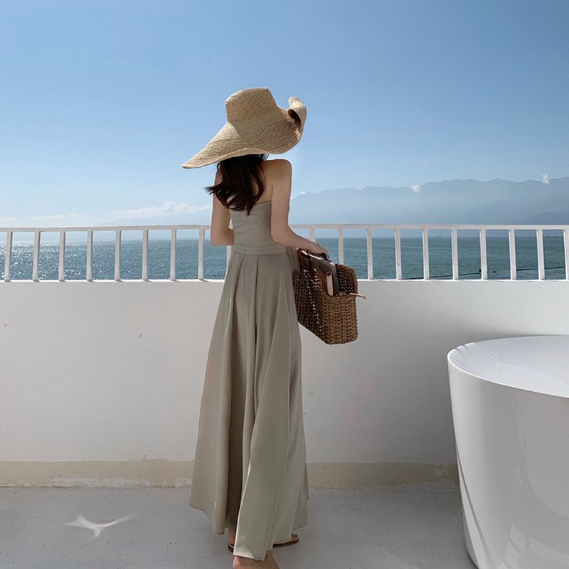Váy đi biển nữ đầm đi tiệc maxi sang chảnh kiểu Hàn Quốc crotop trễ vai buộc nơ ngực màu xám xinh xắn  053 D4T4