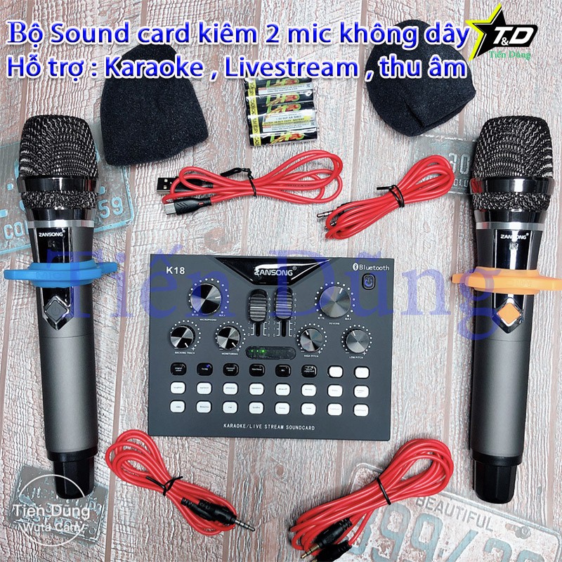 Bộ karaoke zangsong K18 kiêm sound card k18 và 2 mic không dây kèm dây truyền nhạc , dây livestream , dây nguồn