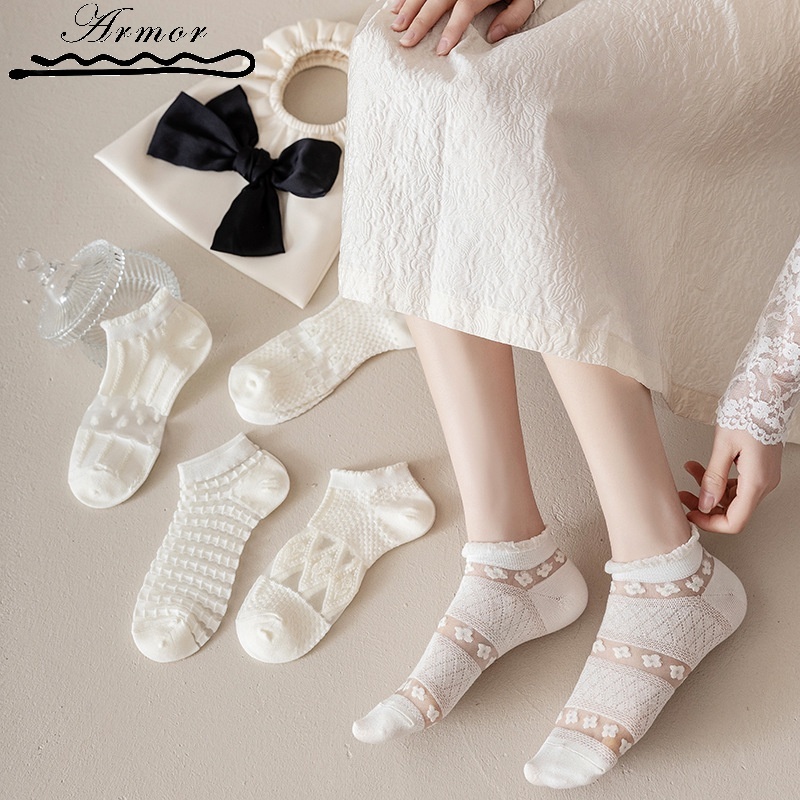 [Màu Sắc Ngẫu Nhiên] Vớ Thuyền Dạng Ren Lưới Cổ Ngắn Vô Hình Thoáng Khí Thêu Hoa Dễ Thương Mùa Hè Cho Bé Gái