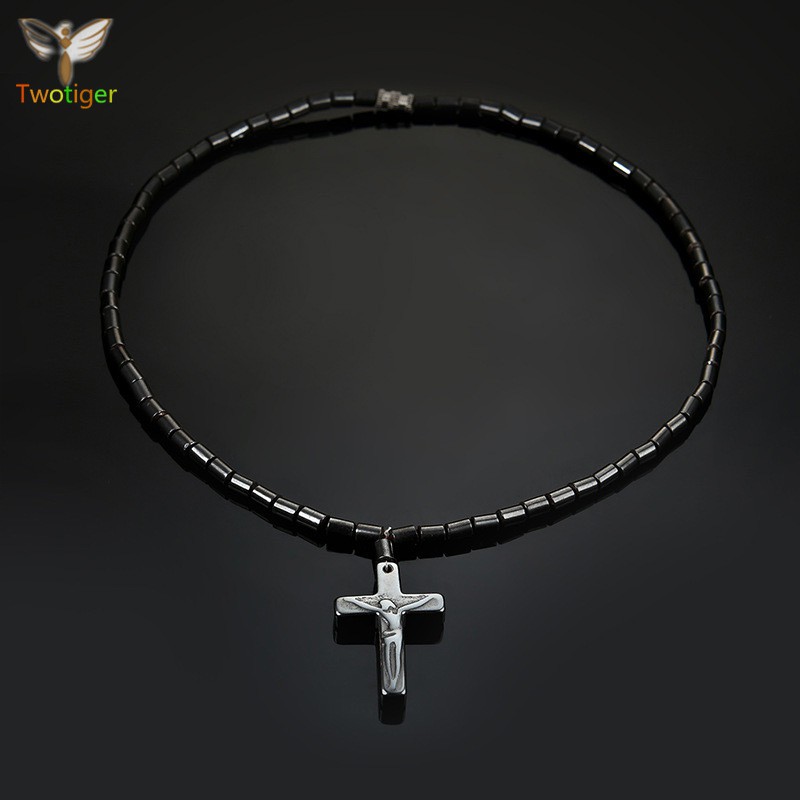 Vòng cổ mặt thánh giá khoá nam châm màu đen cho nam nữ
