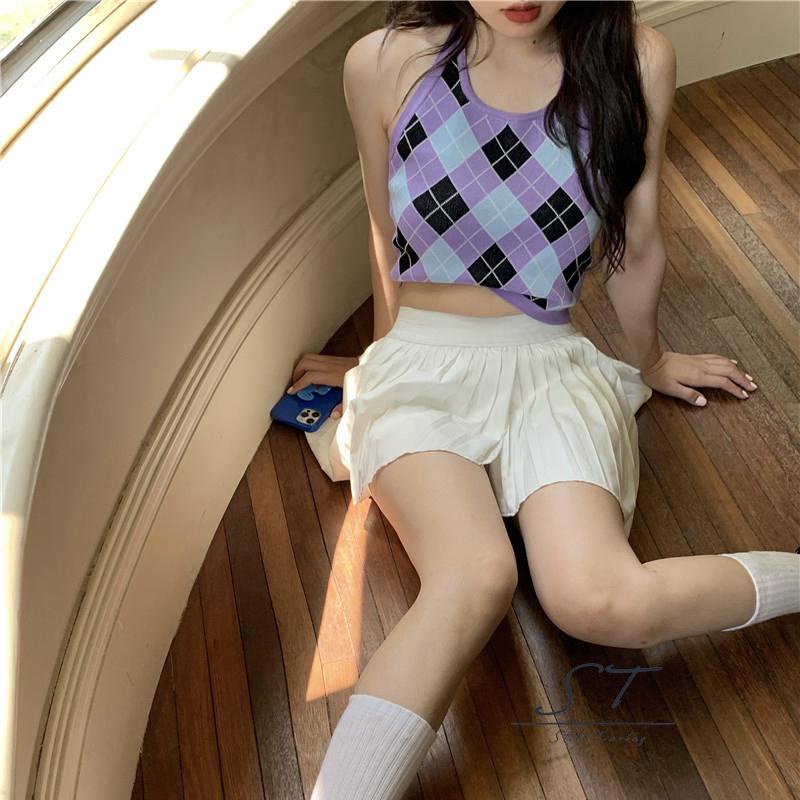 NFW-Áo hai dây dệt kim cổ chữ U không tay họa tiết hình thoi màu xanh dương/tím thời trang mùa hè cho nữ