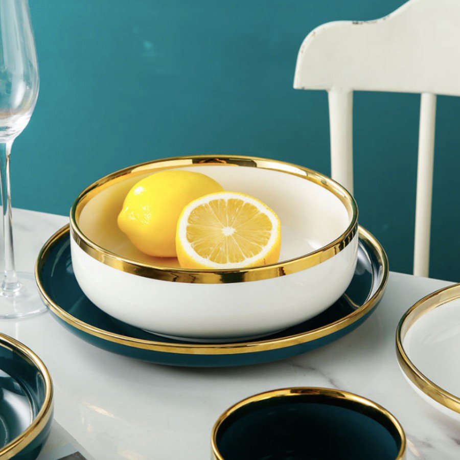Bộ bát đĩa - bộ bát đĩa sứ cao cấp 9 món viền vàng 2 màu trắng và xanh cổ vịt cho 2 người
