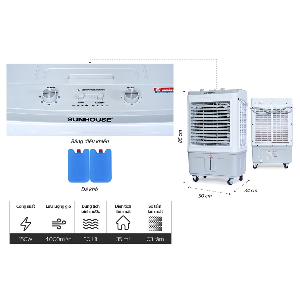 {FREESHIP} Quạt điều hòa - Máy làm mát không khí chính hãng Sunhouse SHD7734, lưu lượng gió cực lớn, siêu tiết kiệm điện