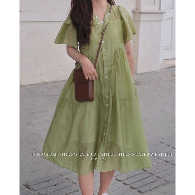 Váy đũi xanh cốm bèo tầng siêu hot hit bầu bí bon chen thoả mái