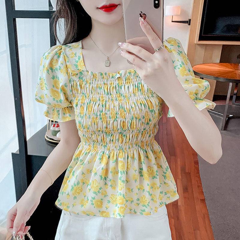 Áo Chiffon Cổ Vuông Tay Ngắn Phồng In Họa Tiết Hoa Thời Trang Mùa Hè 2022 Mới Cho Nữ