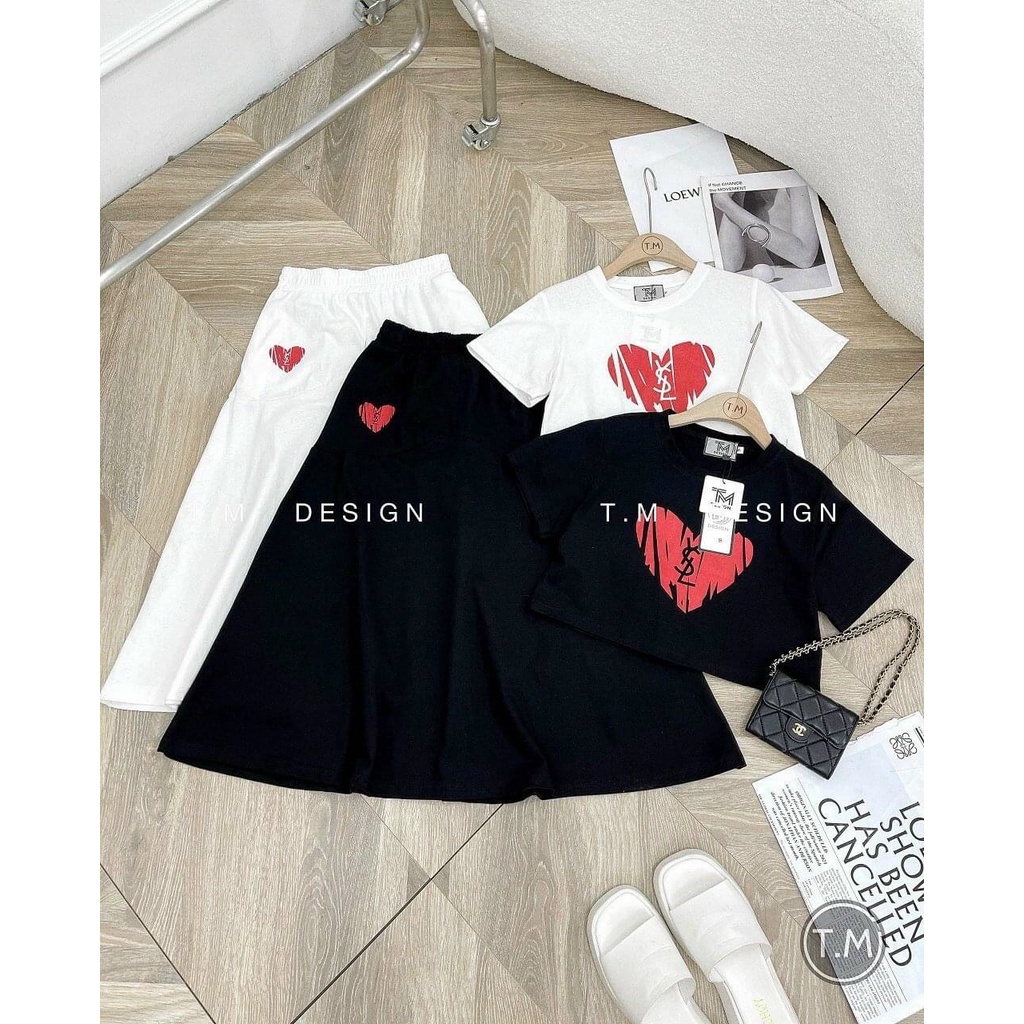 [9.9 Sales Freeship] Set váy thun nữ basic, set áo trắng croptop in tim kèm chân váy dài  đi chơi năng động, cá tính dx