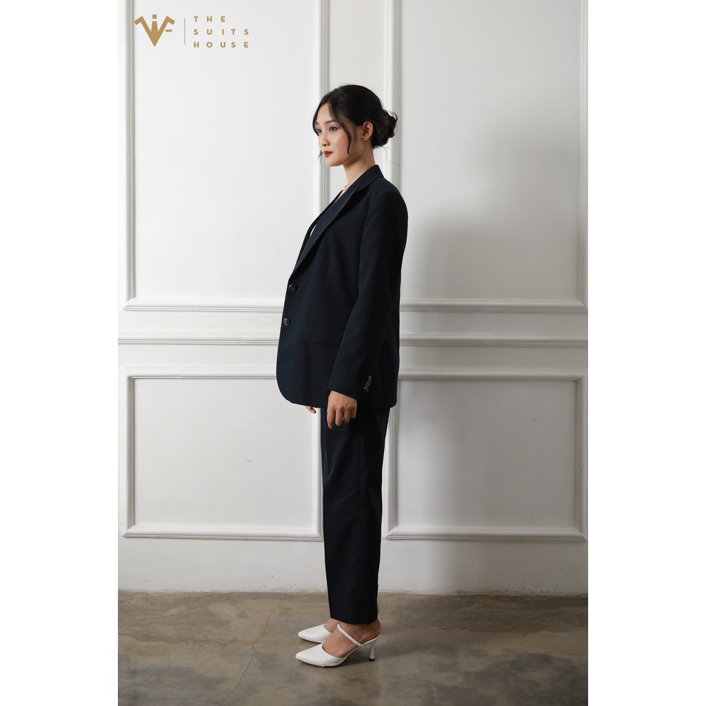 Bộ vest nữ xanh đen đậm 2 khuy ống rộng, suits sartorial chất cashmere The Suits House