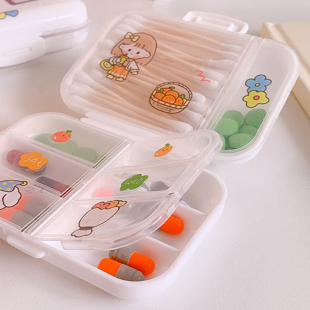 Hộp đựng thuốc 8 ngăn màu trắng tặng sticker ulzzang gấu thỏ