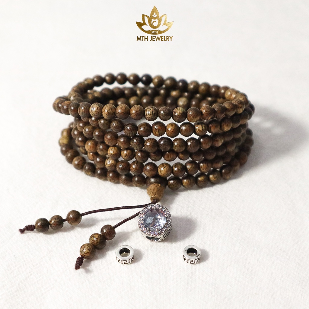 Vòng Tay Trầm Hương Tự Nhiên 216 Hạt 4mm MIX Charm Bạc S925 (Trắng) - MTH JEWELRY