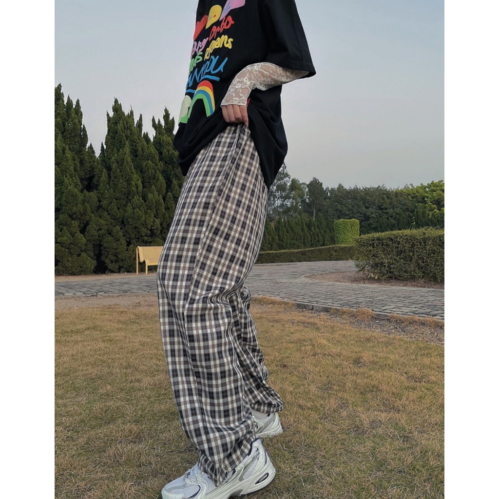 Quần dài ZHELIHANGFEI ZHELIHANGFEI ống rộng họa tiết sọc caro thời trang cho nữ