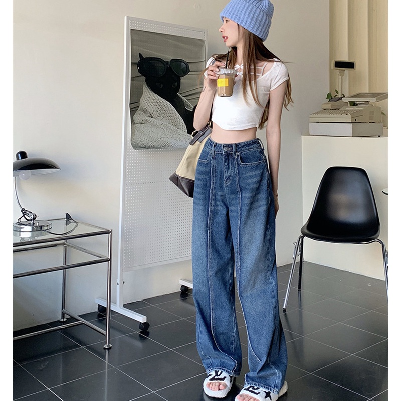 Quần denim dài ống rộng thời trang cho nữ