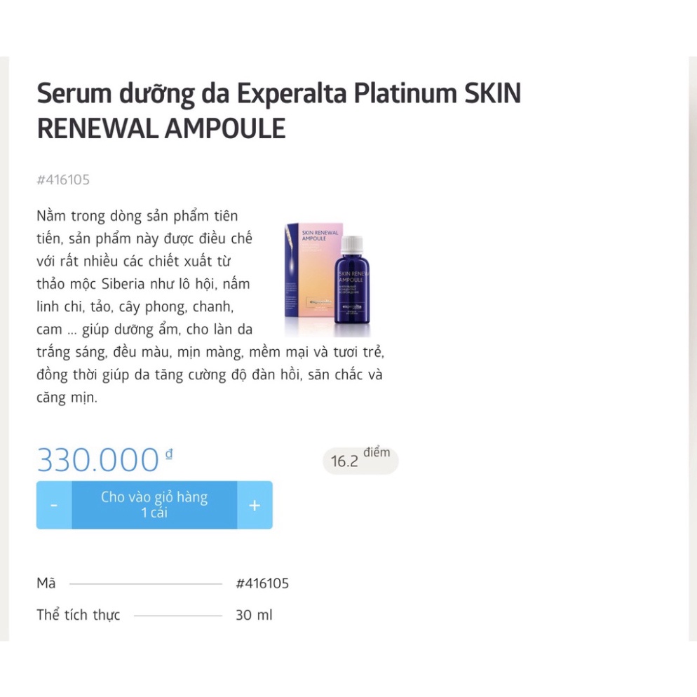 (CHÍNH HÃNG) Serum dưỡng da Experalta Platinum SKIN RENEWAL AMPOULE- 30ml Siberian- tăng tốc đàn hồi, săn chắc, mịn da