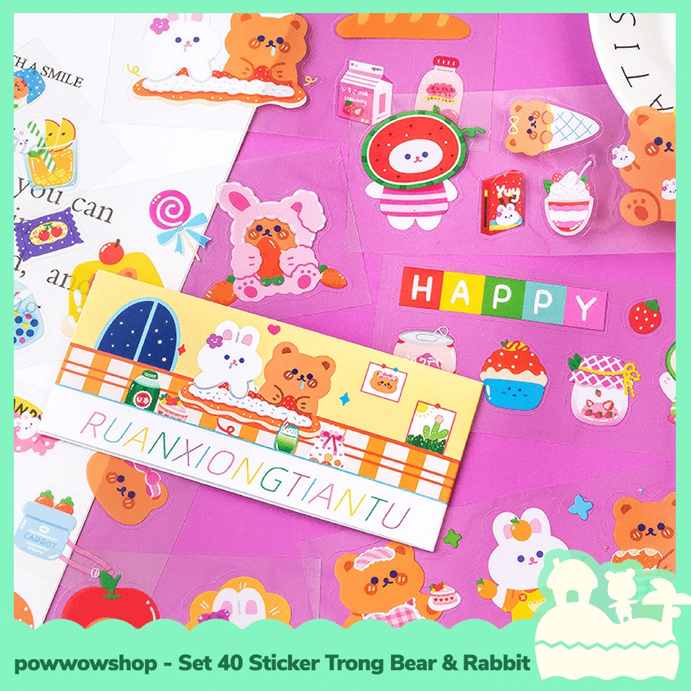 [Sẵn VN - Hỏa Tốc] Bộ 40 Sticker Decal Trong Dán Trang Trí Vật Dụng Bear &amp; Rabbit Đáng Yêu Nhiều Mẫu