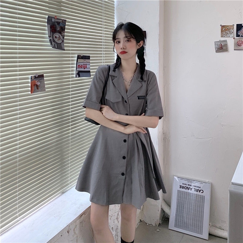 COZOK Đầm Tay Ngắn Cổ Vest Thiết Kế Đơn Giản Hợp Thời Trang