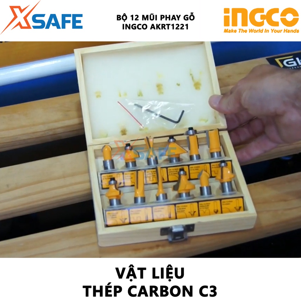 Bộ 12 mũi phay gỗ INGCO AKRT1221 | bộ dao phay gỗ 12 chi tiết Đường kính trục 12mm 3 chiếc bit thẳng 6mm, 12mm, 16mm