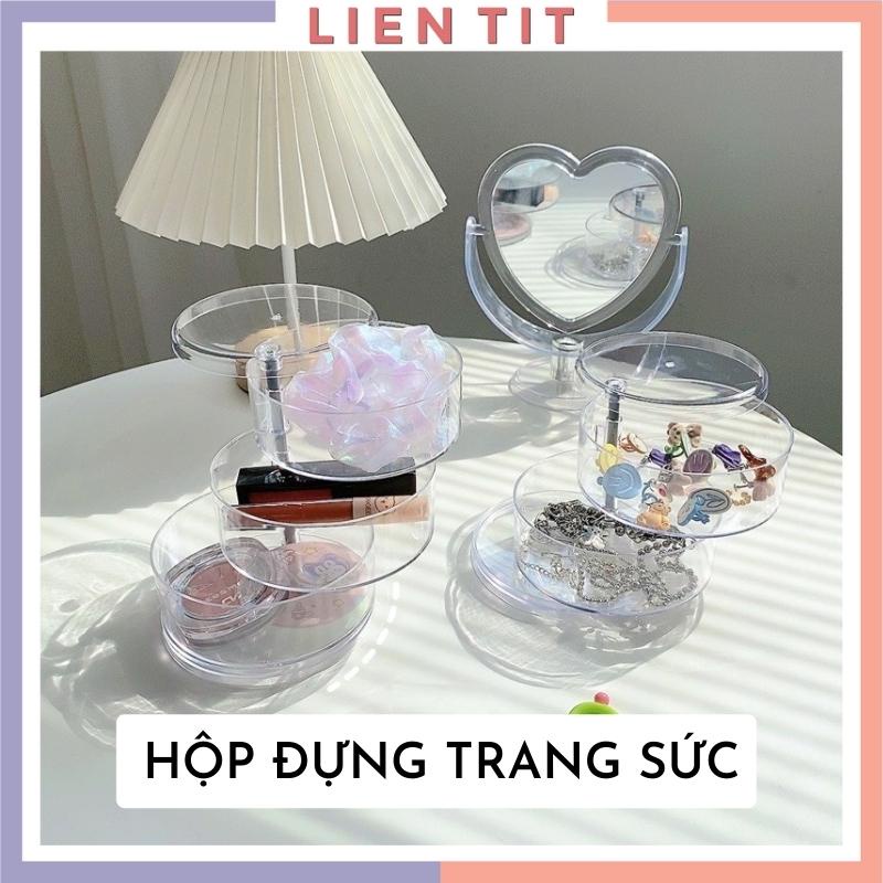 Hộp đựng trang sức, mỹ phẩm, phụ kiện 3 tầng H5 xoay 360 độ nhựa trong suốt