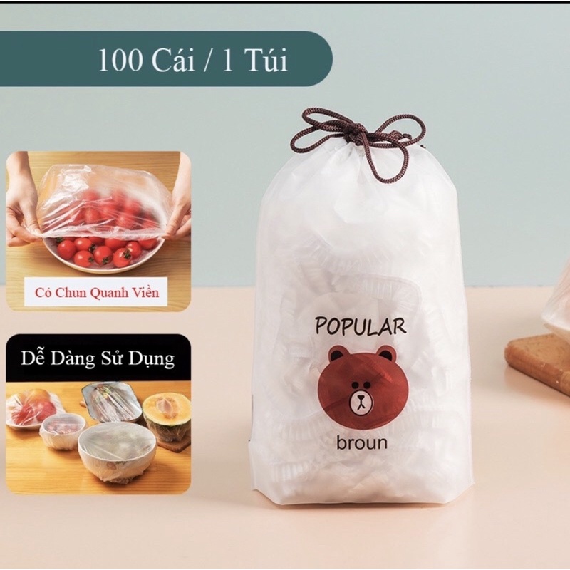 combo túi 100 màng bọc thực phẩm tặng kèm gấu túi dây rút siêu xinh