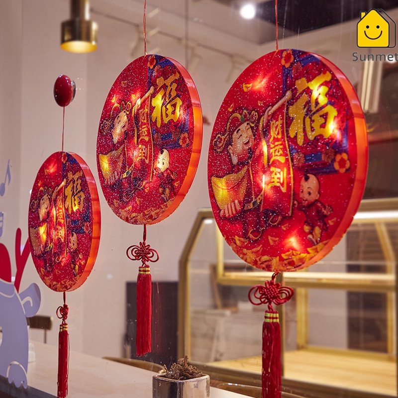 Đèn LED Lồng Đèn Trang Trí DECOR quà tặng Tết-Chữ Phúc Tiếng Trung Quốc Sử Dụng Pin Có Nút Hít Mặt Kính