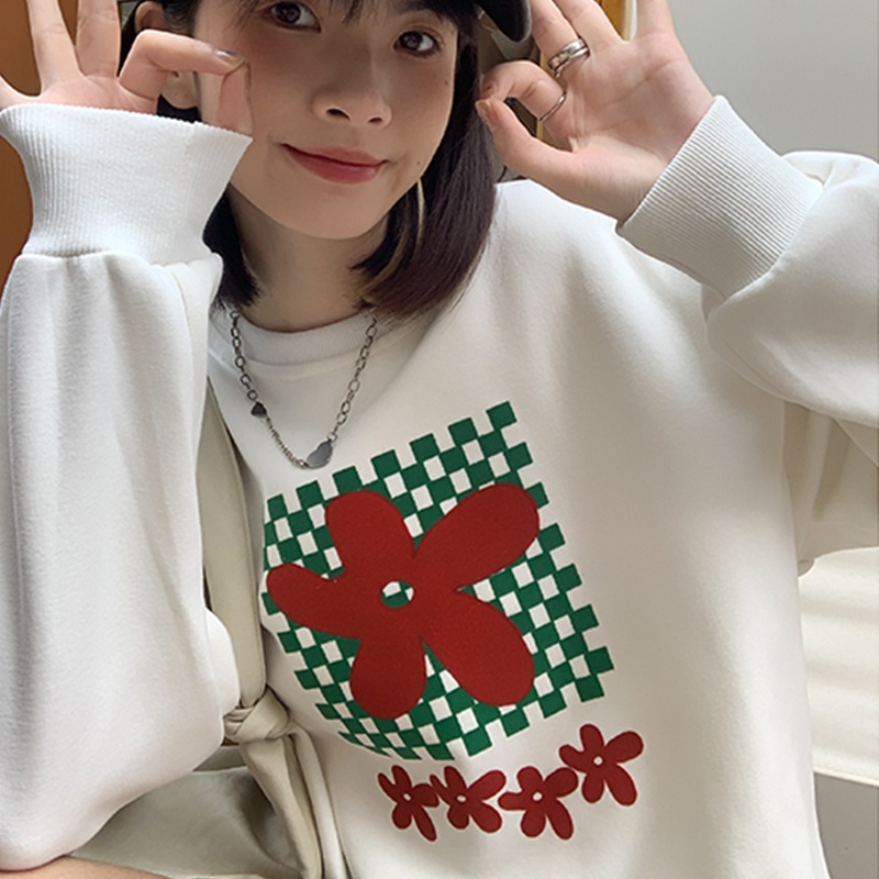 【ZHELIHANGFEI】Áo Thun Nỉ Tay Dài Dáng Rộng In Hoa Phối Họa Tiết Ván Trượt Dễ Phối Đồ