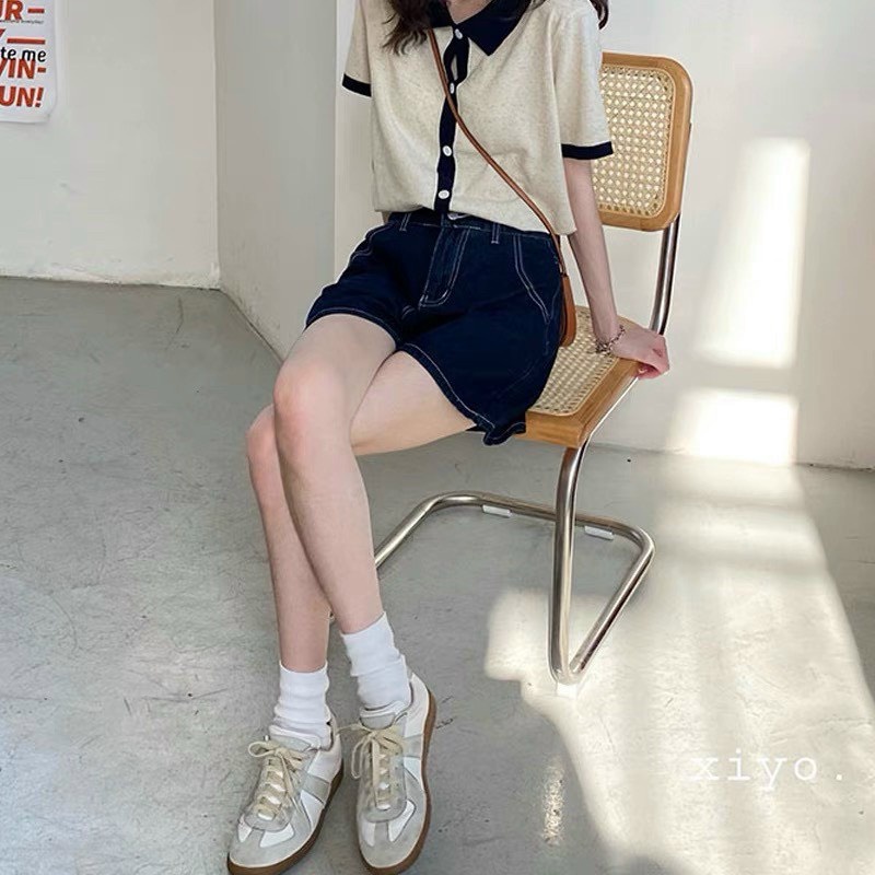 Quần Short Jean Chỉ Nổi JOLIE Nữ  🌸 Sooc đùi ống rộng cạp cao phong cách vintage đường phố hàn quốc Ulzzang 🌸